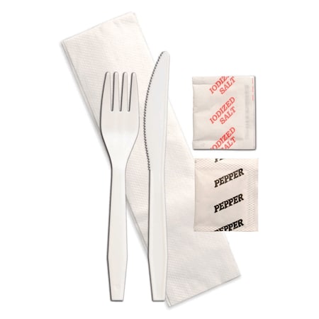 Senate Knife Fork Salt Pepper Napkin White Wrapped Cutlery Kit, PK250 P2502PCSPKIT
